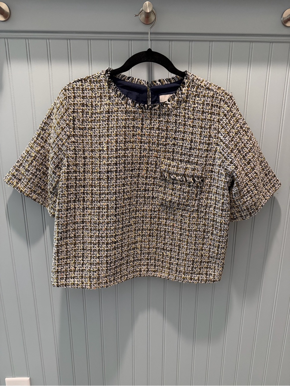 LOFT Navy, White & Gold Tweed Cropped Top